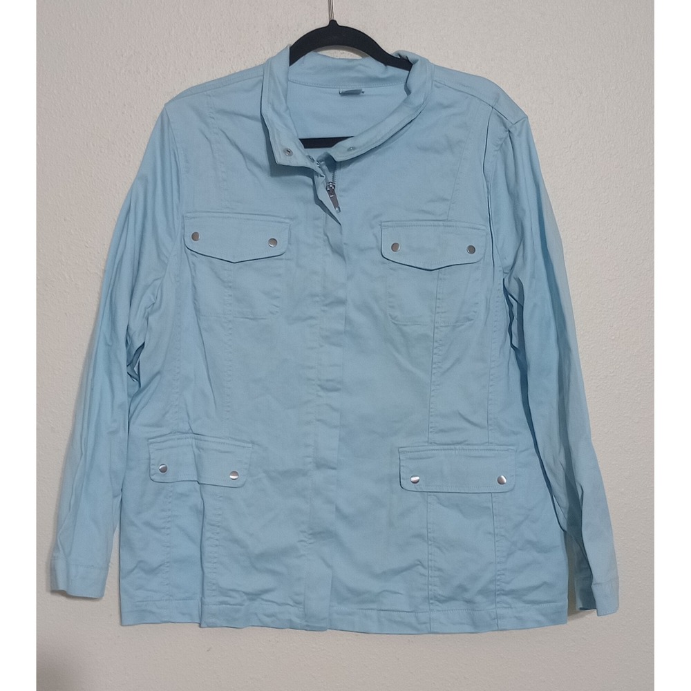 Chico's Light Blue Utility Jacket Size 3 XL Cotton Stretch Full Zip Coat